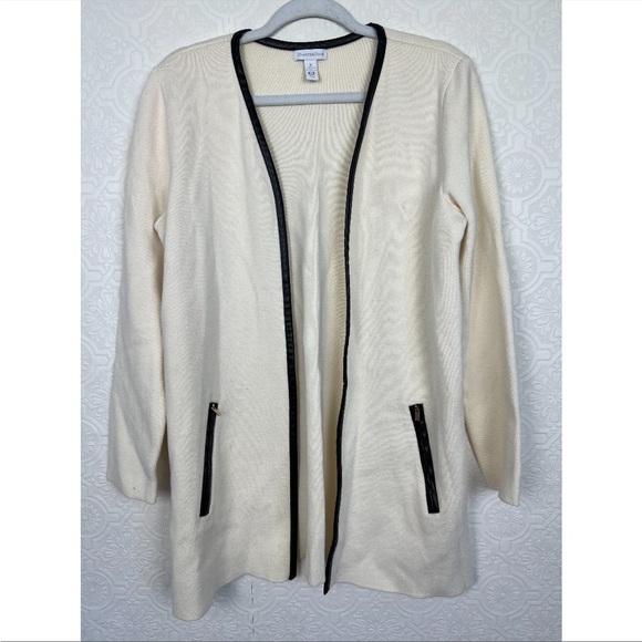 Charter Club Longline Cardigan Jacket Cream Sweater Black Faux Leather Piping - Picture 1 of 5